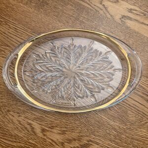 Vintage Oval Glass Serving Tray Gold Rim Starburst Pattern 10.5 Inch Handles